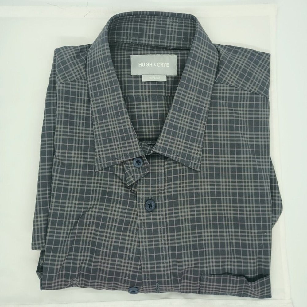 Hugh & Crye Mens Tall/Broad Casual Dress Shirt Grey Plaid XL Athletic Fit